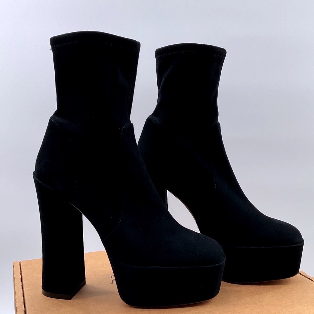 Stuart Weitzman skyhigh Black Suede Platform Block Heel Sock Ankle Boots size 9